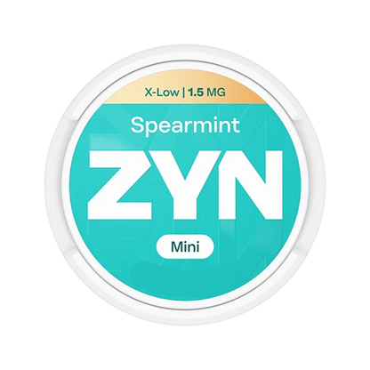 ZYN Spearmint Mini X-Low Nicotine Pouches, 1.5mg Tobacco-Free Can on Black Background