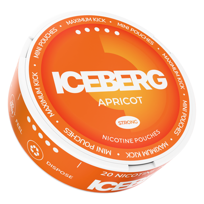 Side view of Iceberg Mini Apricot nicotine pouches can, 30mg strength, featuring orange and white branding.