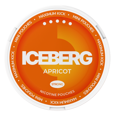 Top view of Iceberg Mini Apricot Nicotine Pouches, 30mg strong maximum kick, orange and white lid design.