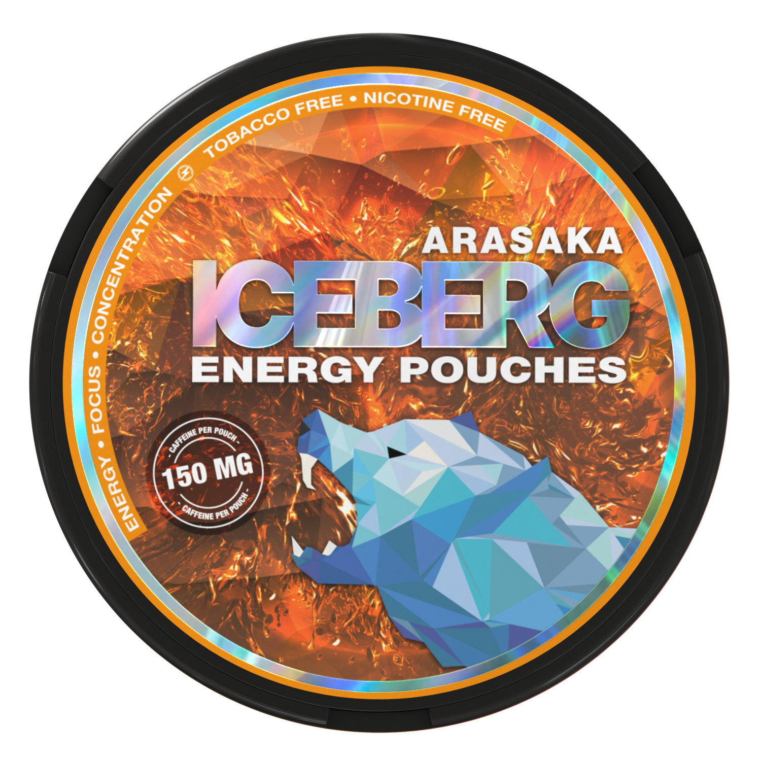 Iceberg Arasaka 150mg nicotine-free caffeine pouches in a black tin with a blue geometric bear and energy-style label.