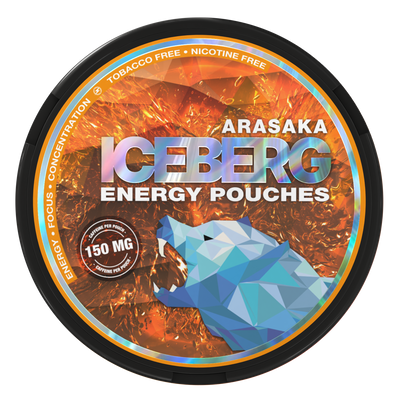Iceberg Arasaka 150mg nicotine-free caffeine pouches in a black tin with a blue geometric bear and energy-style label.