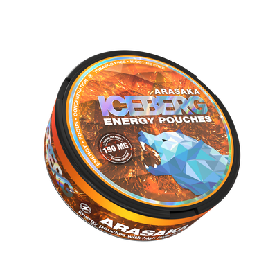 Side view of ICEBERG Arasaka 150mg energy caffeine pouches, no-nicotine, with a blue wolf design.