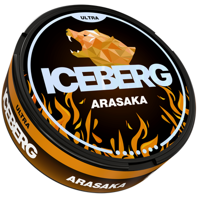 Iceberg Arasaka Nicotine Pouches Ultra 56mg, side view showing black and orange tin with apricot flame design.