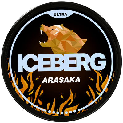 Iceberg Ultra Arasaka nicotine pouches can featuring a geometric bear logo and orange flame design.