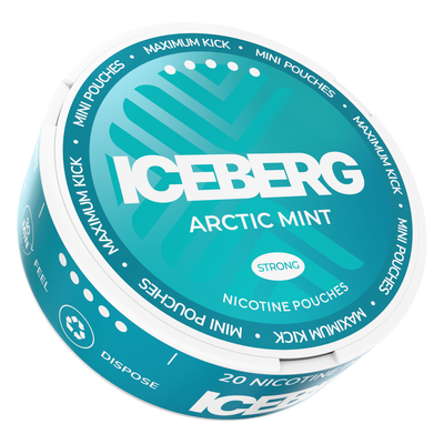 Side view of ICEBERG Mini Arctic Mint 30mg nicotine pouches can, showing blue tobacco-free design with 20 pouches.