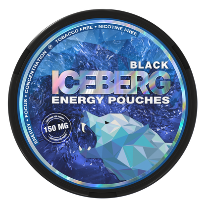 Iceberg Black Energy Caffeine Pouches 150mg, tobacco and nicotine free, with a polar bear logo on a blue circular tin.
