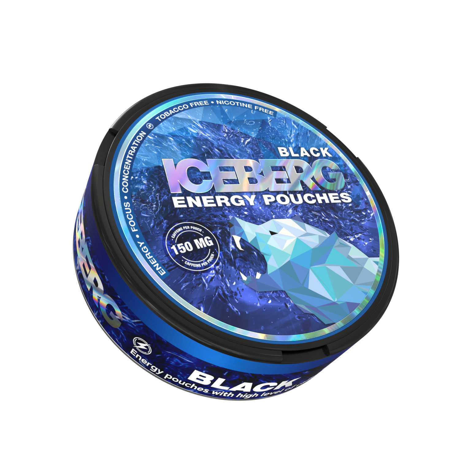 Iceberg Black 150mg Caffeine Pouches: Side view of black can with blue polar bear logo, tobacco-free energy pouches.
