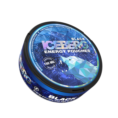 Iceberg Black 150mg Caffeine Pouches: Side view of black can with blue polar bear logo, tobacco-free energy pouches.