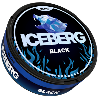 Iceberg Black Ultra strong nicotine pouches tin with blue bear logo and flame design on a black background.