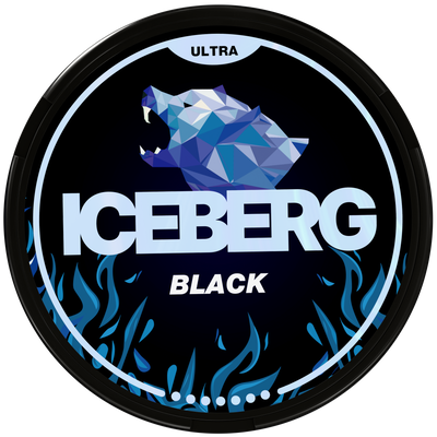 Iceberg Black Ultra Strong Nicotine Pouches with geometric bear logo on a black and blue flame tin lid.