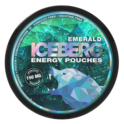 Iceberg Energy Emerald 150mg caffeine pouches. Tobacco and nicotine-free can featuring a geometric polar bear design.
