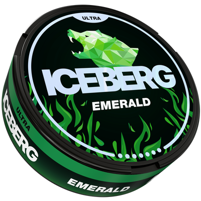 Iceberg Emerald Ultra Nicotine Pouches can with 70mg strength, featuring green polar bear logo and flame design.