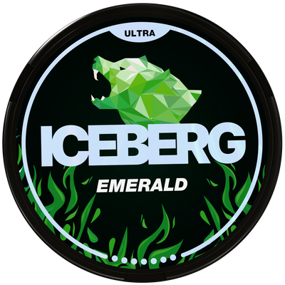 Iceberg Emerald Ultra Nicotine Pouches (70mg) - Circular black can with green geometric polar bear design.