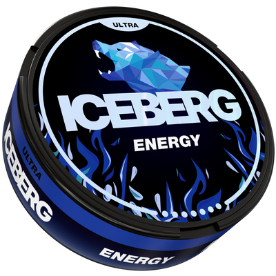 Iceberg Ultra Energy 70mg Nicotine Pouches can with blue polar bear logo and energy drink flavour design.