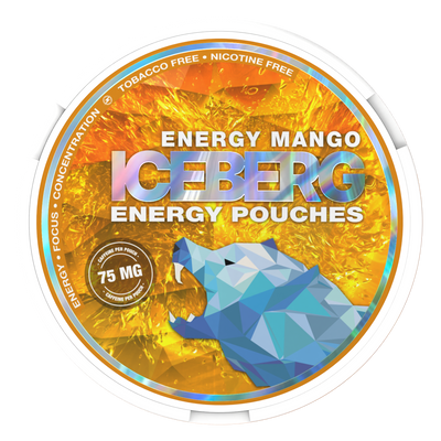 Iceberg Energy Mango Caffeine Pouches 75mg, nicotine-free energy pouches with mango flavour and polar bear design.