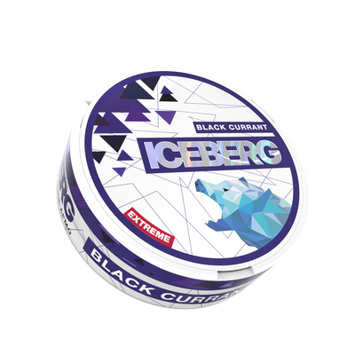 Iceberg Blackcurrant Extreme nicotine pouches in a white and purple tin with geometric bear design.