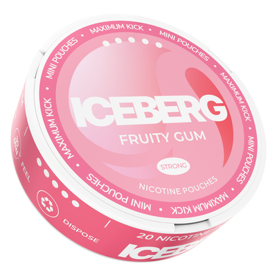 Iceberg Mini Fruity Gum Nicotine Pouches, 30mg strong pink tin side view. Maximum kick mini format pouches.