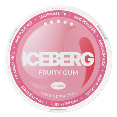 Top view of Iceberg Mini Fruity Gum Nicotine Pouches tin, 30mg strong strength with pink and white branding.