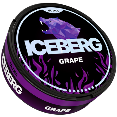 Side view of ICEBERG Grape Ultra Strong Nicotine Pouches can featuring a purple polar bear and flame design.