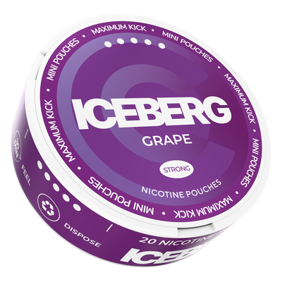 Iceberg Grape 30mg Mini Nicotine Pouches can with purple grape design, featuring 20 strong maximum kick pouches.
