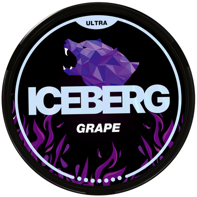Iceberg Ultra Grape nicotine pouch can featuring a purple geometric polar bear logo and flame design.