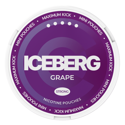 Top view of Iceberg Grape Mini Nicotine Pouches, 30mg strong maximum kick, purple and white compact container lid.