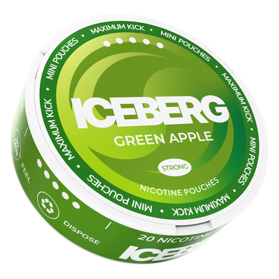 Iceberg Mini Green Apple 30mg strong nicotine pouches, 20 count can with green swirl design.