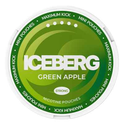 Iceberg Mini Green Apple nicotine pouches 30mg strong, circular green can with Maximum Kick label.