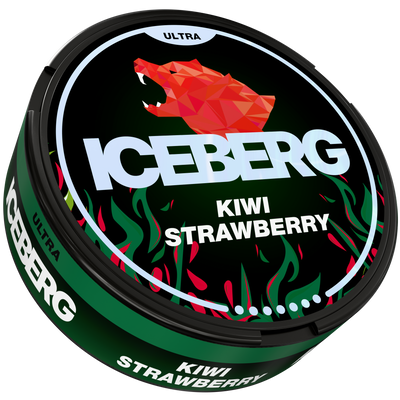 Iceberg Ultra Kiwi Strawberry Nicotine Pouches, side view of black and green tin with red bear logo.