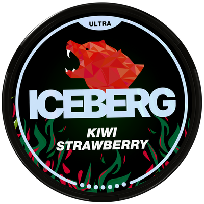 Iceberg Kiwi Strawberry nicotine pouches container with red bear logo and flame design, ultra strength tobacco-free snus.