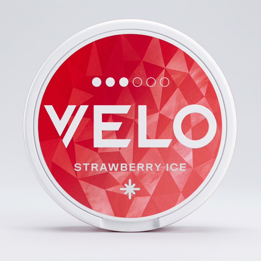 VELO Strawberry Ice nicotine pouch can with vibrant red geometric lid, clear VELO logo, and 'Strawberry Ice' text.