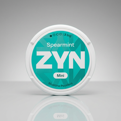 ZYN Spearmint Mini 3mg Nicotine Pouches tin with teal label on a white reflective studio background.