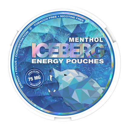 Iceberg Energy Menthol 75mg Caffeine Pouches: tobacco and nicotine-free can featuring a geometric polar bear design.