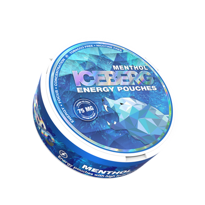 Iceberg Energy Menthol 75mg caffeine pouches can featuring a geometric polar bear and blue holographic label.
