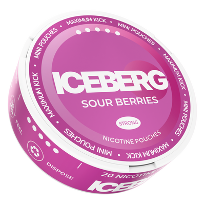 Iceberg Mini Sour Berries 30mg tobacco-free nicotine pouches. Purple and white 20-pouch can, side view on black background.