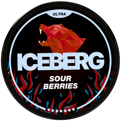 Iceberg Ultra Sour Berries Nicotine Pouches 70mg, black tin with red bear logo and flame design.