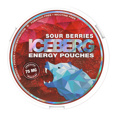 ICEBERG Sour Berries 75MG Caffeine Pouches can with tobacco-free and nicotine-free labels on a red background.