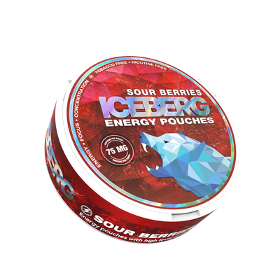 Iceberg Energy Sour Berries 75mg Caffeine Pouches tin. Side view of the tobacco-free, nicotine-free red and white pack.