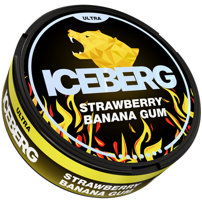 Side view of ICEBERG Strawberry Banana Gum Ultra Nicotine Pouches can with yellow flame and polar bear design.