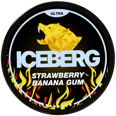 Iceberg Ultra Strawberry Banana Gum Nicotine Pouches, 70mg high-strength can featuring a yellow bear and flame design.