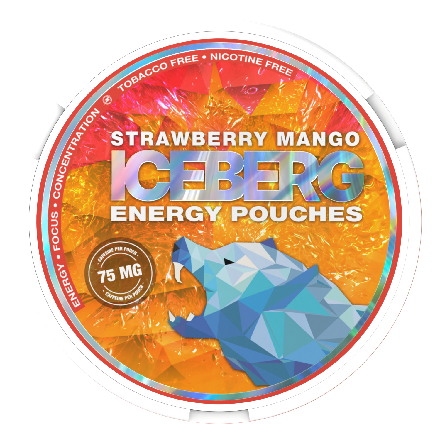 Iceberg Strawberry Mango Caffeine Pouches 75mg, tobacco and nicotine-free energy pouches for focus and concentration.