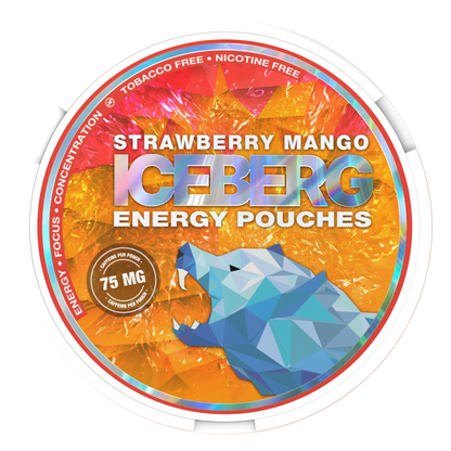 Iceberg Strawberry Mango Caffeine Pouches 75mg, tobacco and nicotine-free energy pouches for focus and concentration.