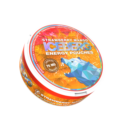 Iceberg Strawberry Mango Energy Caffeine Pouches (75mg), nicotine-free sugar-free focus supplement, side view can.