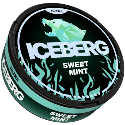 Iceberg Ultra Sweet Mint 70mg Nicotine Pouches can with polar bear logo, side and top view.