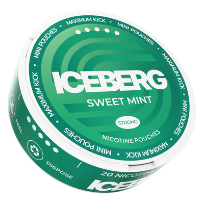 Iceberg Sweet Mint Mini Nicotine Pouches, 30mg strong mint flavour tobacco-free snus tin in a side view.