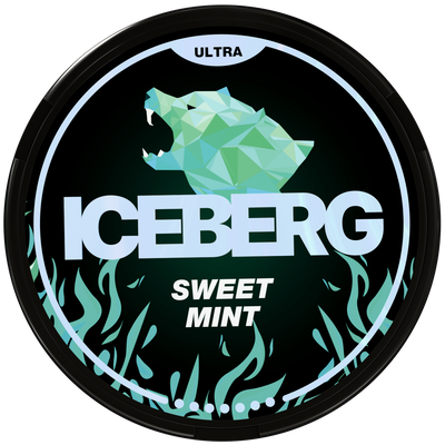 Iceberg Sweet Mint Ultra nicotine pouch can with geometric polar bear logo and 70mg ultra strong label.