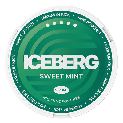 Top view of Iceberg Sweet Mint Mini Nicotine Pouches can featuring green swirl design and Maximum Kick branding.