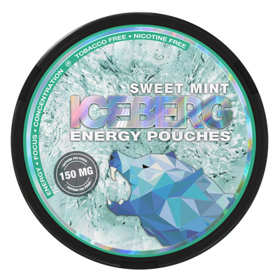 Iceberg Energy Sweet Mint 150mg Caffeine Pouches: Tobacco-free, sugar-free energy supplement with fresh mint flavor.