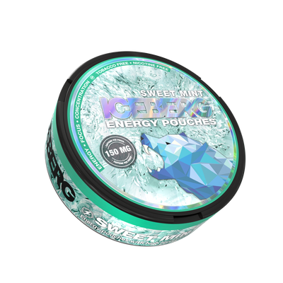 Side view of ICEBERG ENERGY Sweet Mint Caffeine Pouches can, 150mg high-intensity sugar-free energy supplement.
