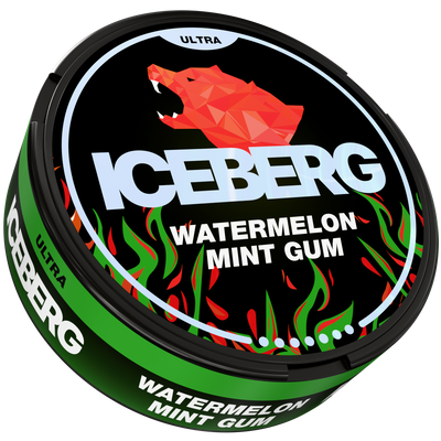 Side view of ICEBERG Watermelon Mint Gum 70MG nicotine pouches can, featuring the red polar bear logo and Ultra label.